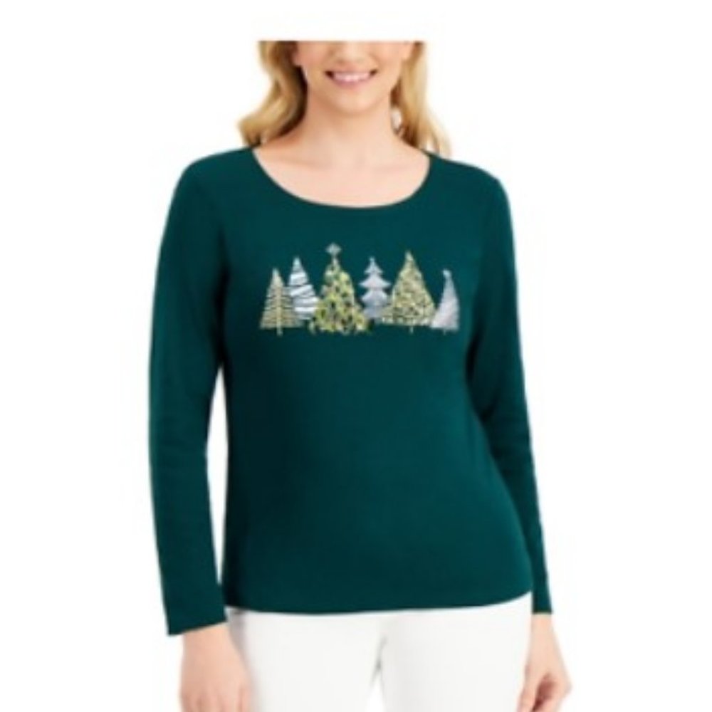 Karen Scott Embellished Holiday Long Sleeve Tee - Picture 2 of 11